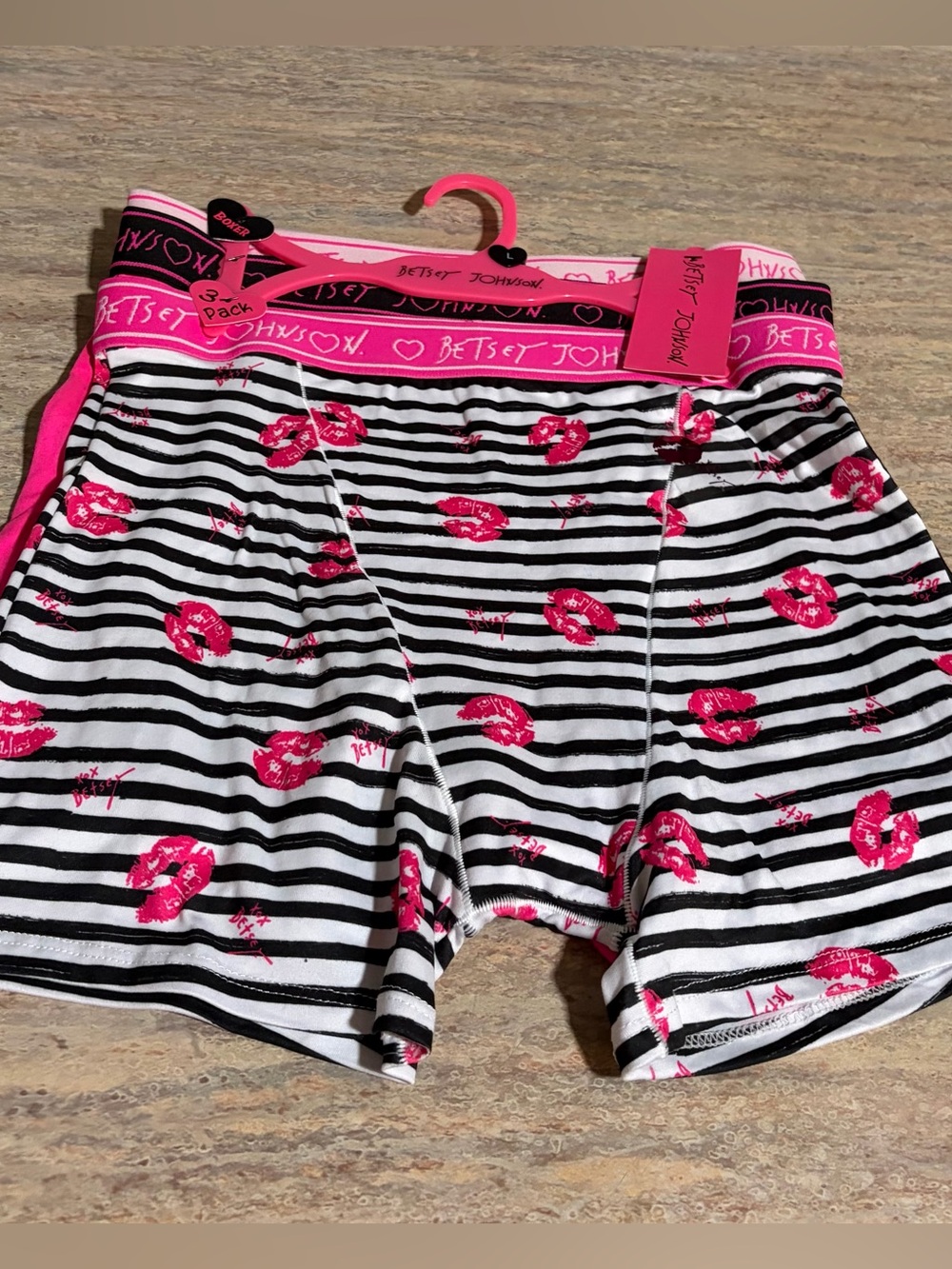 Betsey Johnson 3-Pack Black & White Striped Boxer Panties & Hot Pink Lip Print